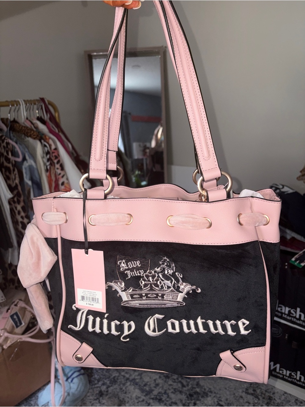 Juicy couture pink black velour tote y2k
